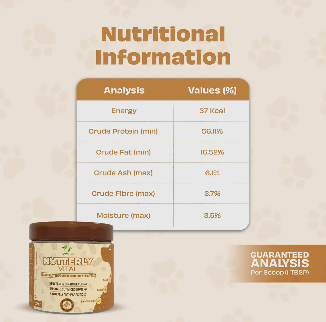 Pawfect Food Toppers Nutterly Vital Peanut Butter Powder (250g/8.82oz) | Peanut Butter Powder with Brewer's Yeast | Nerve | Skin | Brain Health | Improves Gut Microbiome | Naturally Anti Parasitic