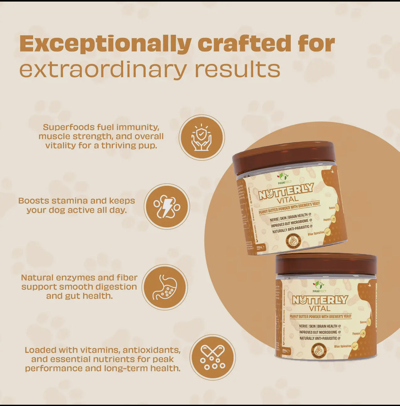 Pawfect Food Toppers Nutterly Vital Peanut Butter Powder (250g/8.82oz) | Peanut Butter Powder with Brewer's Yeast | Nerve | Skin | Brain Health | Improves Gut Microbiome | Naturally Anti Parasitic
