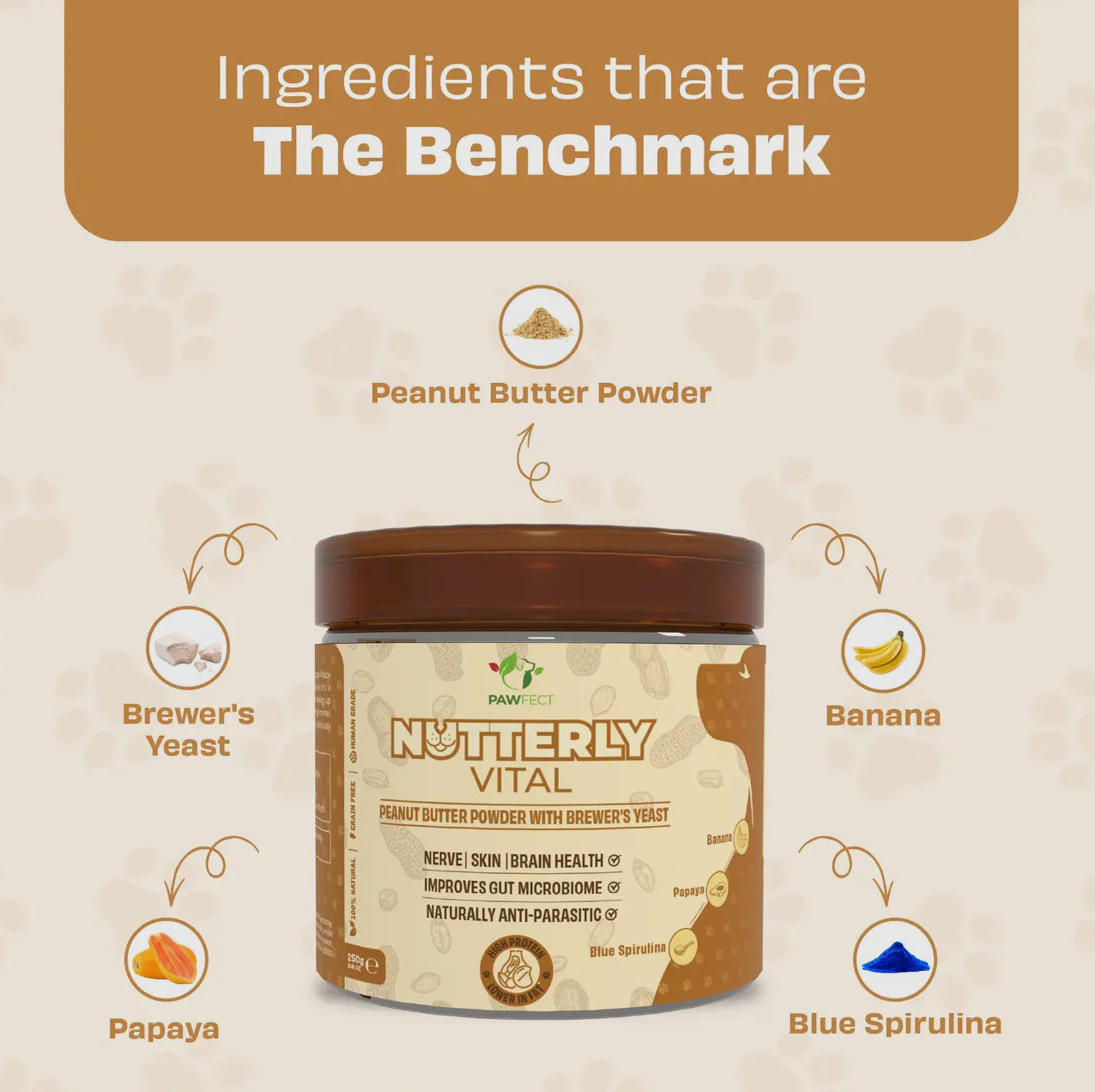 Pawfect Food Toppers Nutterly Vital Peanut Butter Powder (250g/8.82oz) | Peanut Butter Powder with Brewer's Yeast | Nerve | Skin | Brain Health | Improves Gut Microbiome | Naturally Anti Parasitic
