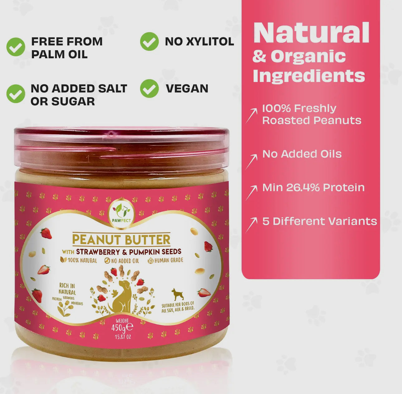 100% Natural Peanut Butter For Dogs-Strawberries & Pumpkin Seeds -275g