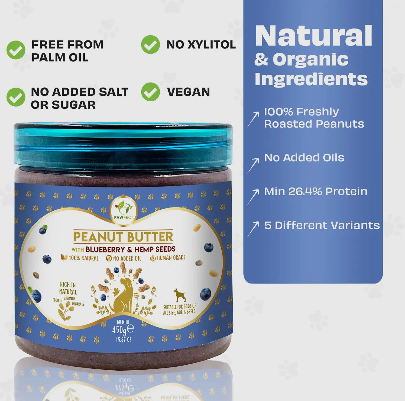 100% Natural Peanut Butter For Dogs-Blueberries & Hemp Seeds -275g
