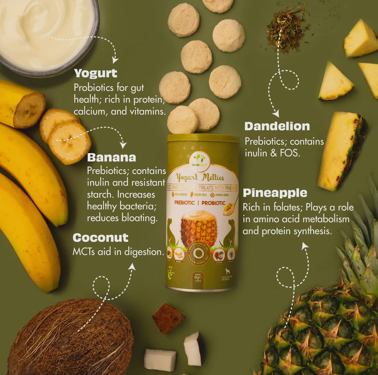 Yogurt Melties Pineapple, Banana, Coconut & Dandelion For Dogs