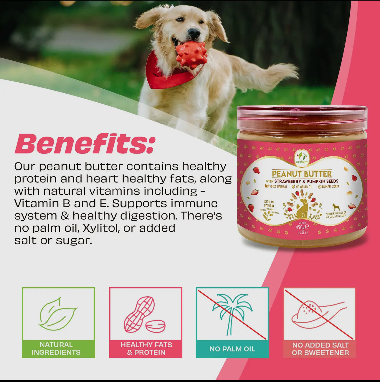 100% Natural Peanut Butter For Dogs-Strawberries & Pumpkin Seeds -275g
